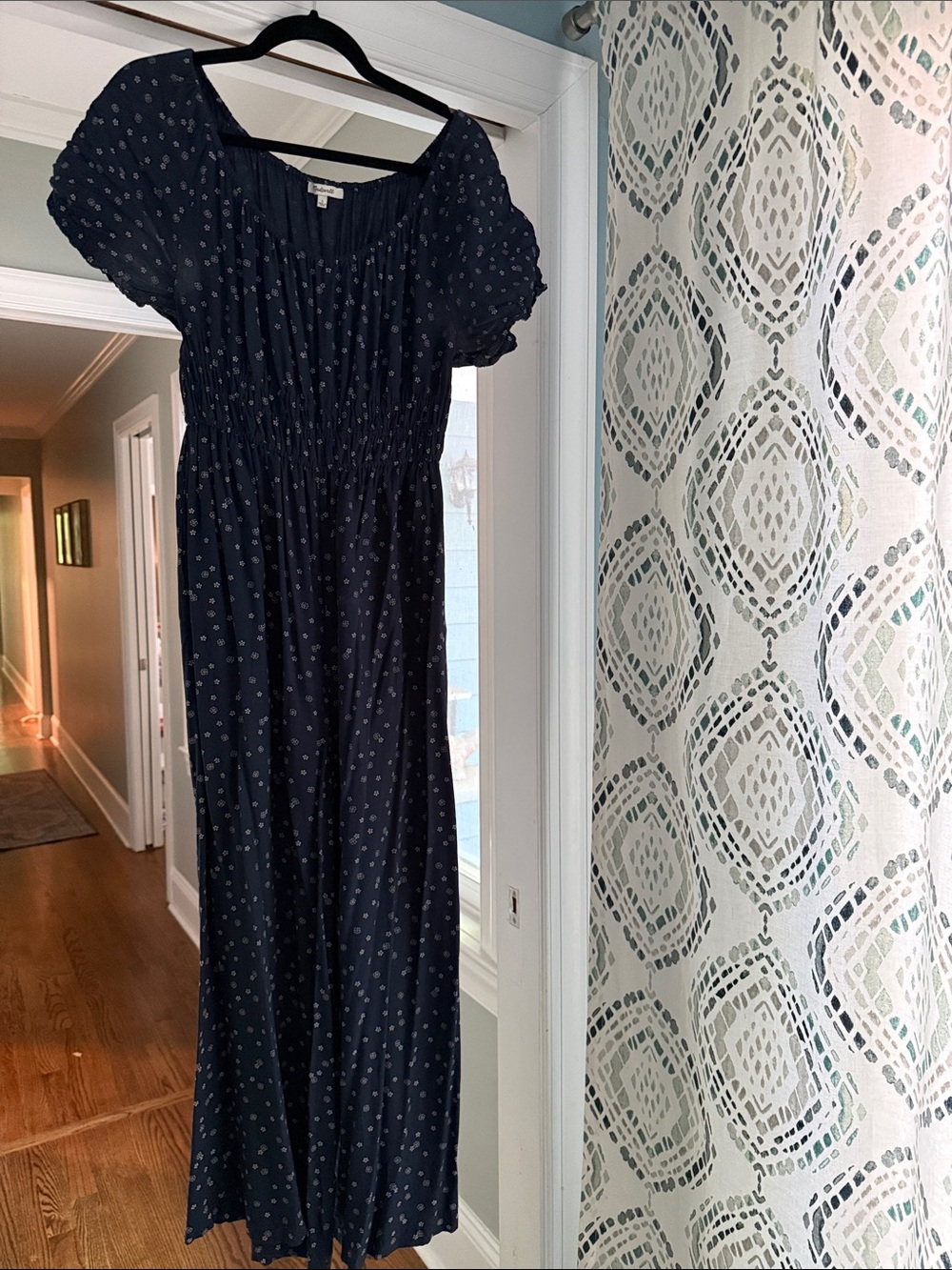 Madewell Navy Blue Polka Dot Smocked Jumpsuit